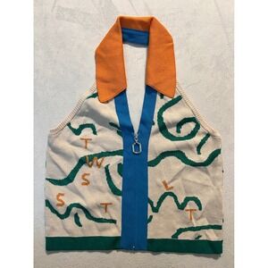 Twist Women Abstract Graphic Knit Halter Top Zip Front Orange Collar Beige Small